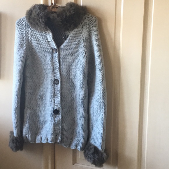 Aeffe spa Blue Knit 100% wool Sweater with Fur - Picture 2 of 7